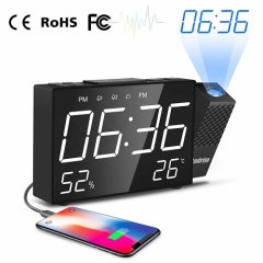 Cadrim Radio Réveil à Projection, Horloges à Projection de l'Heure et Température  FM avec Double Alarmes,Numérique USB, Fonction Snooze, 12/24h, Gran
