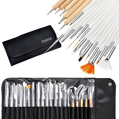 Cadrim - Lot de 20 outils de Nail Art avec brosses, pinceaux, stylos et outils à pois et à dessin -Avec poche de rangement enroulable - Outils profes